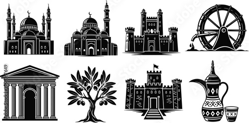 Black Vector Silhouette Collection of Middle Eastern Cultural Icons Featuring Mosques Ancient Castles Water Wheel Olive Tree Roman Pillars and Traditional Arabic Coffee Pot