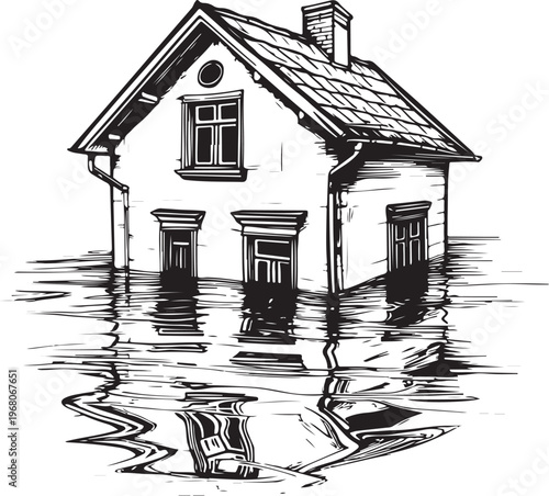 Flooded House after Flood (Natural Disaster) Hand-drawn Sketch Drawing Vector Illustration, Line Linear Symbol Black and White Engraving, Isolated