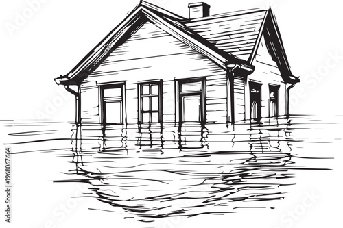 Flooding and Flooded House during Flood Hand-drawn Sketch Drawing Vector Illustration, Line Linear Symbol Black and White Engraving, Isolated