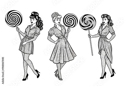 Set of Three Retro Pin-up Girls with Giant Swirl Lollipops, Vintage 1950s Rockabilly Style Line Art Vector Illustration