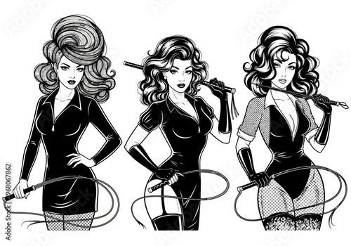 Set of Vintage Pin-up Style Dominatrix Women in Black and White Comic Art, Retro Sexy Women with Whips and Latex Outfits Vector Illustration