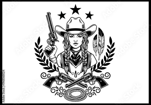 Vintage Wild West Cowgirl Emblem with Revolvers and Lasso - Black and White Vector Illustration