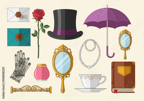 Vintage Victorian Gentleman and Lady Accessories Illustration Set - Top Hat, Umbrella, Tea Cup, Rose, and Antique Mirrors Vector Icons