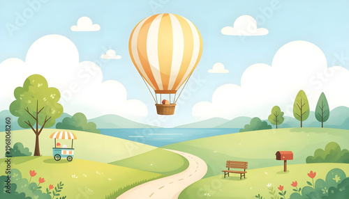 Hot air balloon flying over a peaceful summer landscape vector illustration watercolor art, summer travel concept. Dreamy travel concept illustration: hot air balloon soaring above a lake.