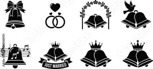 Vector Silhouette Collection of Wedding Bells Featuring Just Married Banner Bridal Rings Heart Symbols Musical Notes Floral Arch and Crown for Romantic Celebration