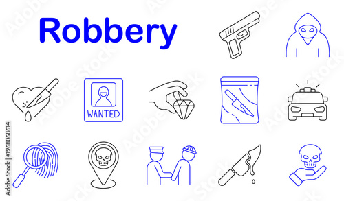 Robbery crime set icon. Line style icons display gun weapon, masked thief, heart knife, wanted poster, diamond theft, evidence bag, police car, fingerprint scan, danger marker, arrest scene