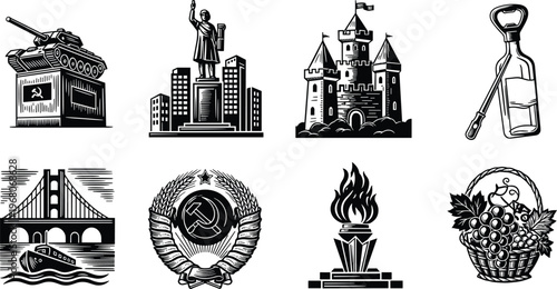 Black and White Vector Silhouette Set of Soviet Heritage Icons Featuring Military Tank Monument, City Statue, Medieval Castle, Hammer and Sickle Emblem, Bridge, and Harvest Basket