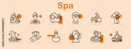 Spa wellness set icon. Candle aroma stones towel bath tub flower oil bottle massage table robe face care hot water treatment relaxation hygiene beauty therapy environment