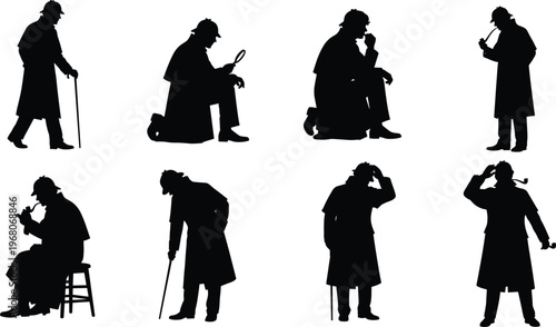 Black Vector Silhouette Collection of a Private Detective Character Wearing a Deerstalker Hat and Trench Coat Holding a Magnifying Glass and Smoking Pipe