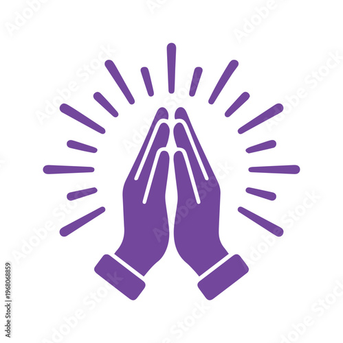 Purple praying hands vector icon with light rays, spiritual prayer gesture silhouette, religious worship and meditation symbol on white background