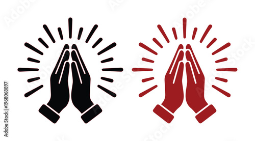 Praying hands vector icons in black and red, religious prayer gesture with divine light rays, spiritual worship and gratitude symbols for church design