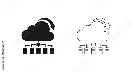 Cloud computing, data storage icons, sync symbols, black and white vector graphics