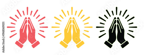 Praying hands vector icon set, spiritual namaste gesture with light rays, religious prayer symbols in red yellow and black colors