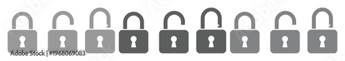 Minimalist padlock icon set in grey tones, security lock symbols with open and closed states, 9 vector elements for web and app interface design