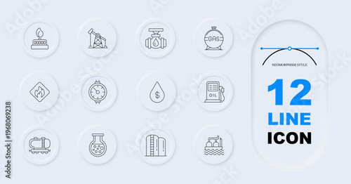 Oil industry energy set icon. Gas burner, oil pumpjack, pipeline valve, gas tank, flammable warning, oil drop value, fuel dispenser, storage tanker, chemical flask, refinery plant