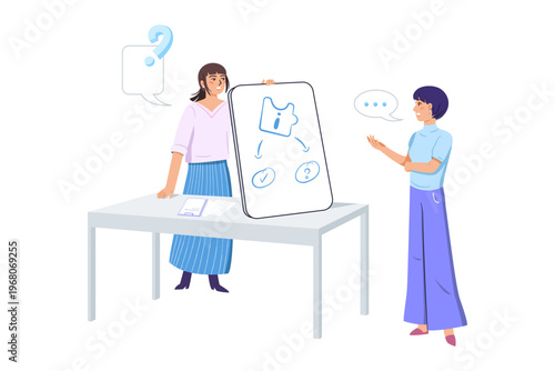 Two colleagues using a whiteboard to find new solution illustration