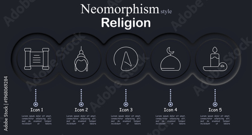 Religion set icon. Neomorphic dark interface circles with line symbols of sacred scroll scripture, temple bell ornament, prayer symbol circle, mosque dome crescent, candle flame holder