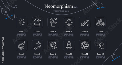 Magic fantasy set icon. Sparkle stars, crystal ball, wizard hat, shining crystal, magic scroll, mystic triskelion, potion flask, glowing hand, fairy character, hooded mage, occult circle