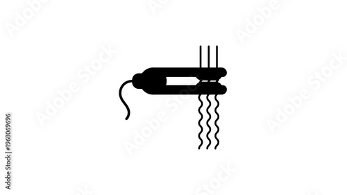 Animated Hair Straightener Silhouette with Wavy, Curly Hair Strands for Beauty and Haircare Design