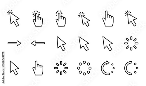Thin line cursor and loading icon set with mouse pointer click and spinner symbols for UI UX design