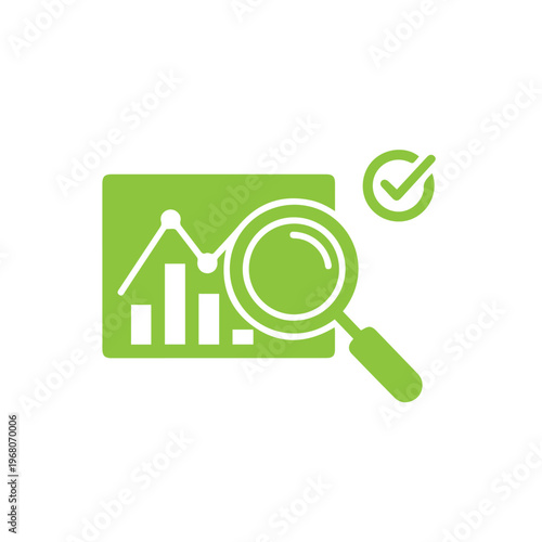 Detailed financial data analysis shown with a magnifying glass inspecting a rising bar graph and a confirmation checkmark.