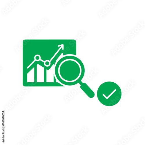 Green graphic symbol shows a magnifying lens over a rising bar chart with a completed check signifying positive findings.