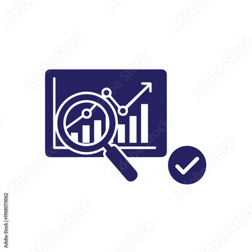 Dark blue icon depicts a magnifying glass inspecting a bar graph showing positive progress and a checkmark.