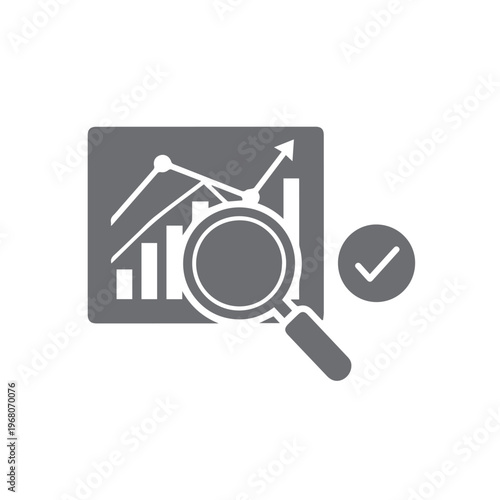 Magnifying glass examines financial growth chart with upward trend and checkmark indicating approval.