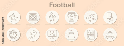 Football set icon Line symbols depict player kicking ball, goal net, dribbling figure, trophy cup, bicycle kick, referee card, stopwatch, goalkeeper dive, tactic board, training cone, strategy diagram