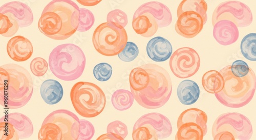 Watercolor whimsy Swirling circles in soft coral pink and blue on a pale backdrop
