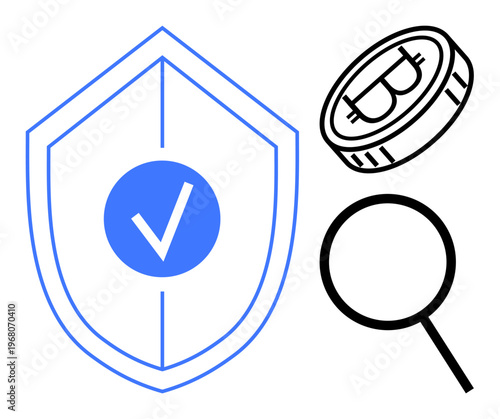 Shield with checkmark, Bitcoin coin, and magnifying glass emphasize cybersecurity, cryptocurrency analysis, fraud prevention, financial safety, blockchain technology, online integrity