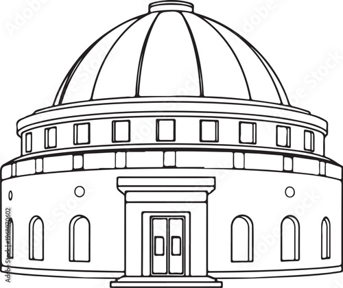 Planetarium Building Hand-drawn Sketch Drawing Vector Illustration, Line Linear Symbol Black and White Engraving, Isolated