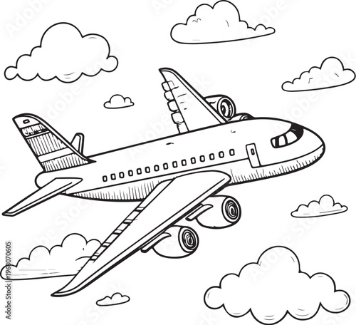 Passenger Plane Flying in Air Hand-drawn Sketch Drawing Vector Illustration, Line Linear Symbol Black and White Engraving, Isolated
