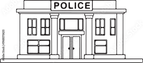 Police Station Building Hand-drawn Sketch Drawing Vector Illustration, Line Linear Symbol Black and White Engraving, Isolated