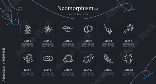 Microbiology research set icon. Laboratory microscope, neuron cell, bacterium organism, virus culture, parasite worm, magnifier analysis, petri dish, bacillus microbe, laboratory
