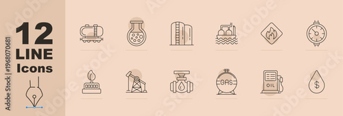Oil and gas industry line icons set with tanker rail car, storage tank, refinery building, offshore platform, flammable sign, pressure gauge, gas burner, pumpjack, valve pipe, fuel tank, gas station