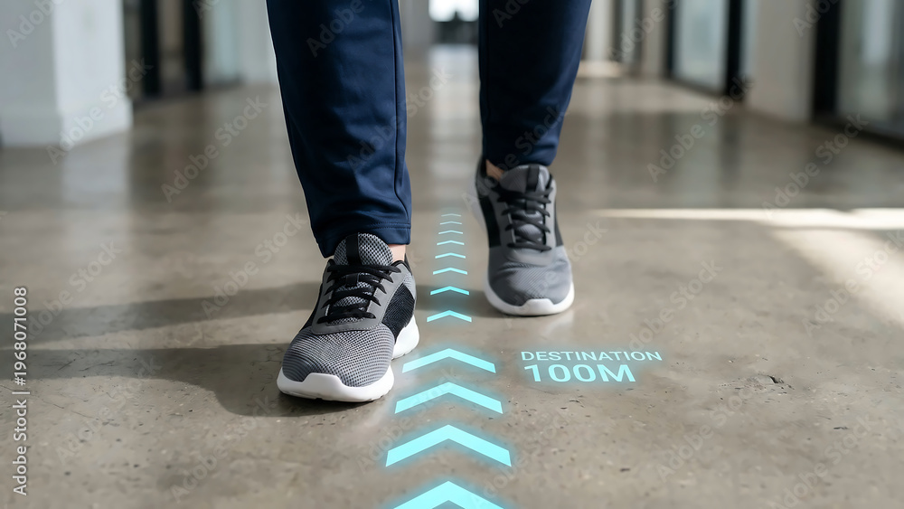 Fototapeta premium Ground Level Shot of Male Feet Walking with Glowing AR Navigation Arrows Projected on Floor Surfaces
