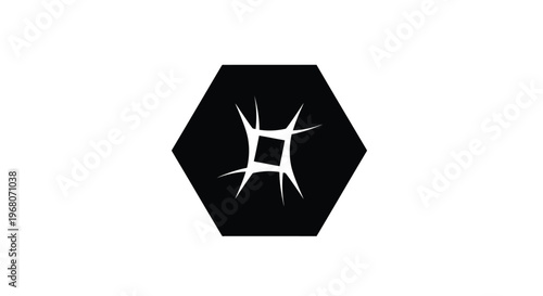 Abstract vector graphic illustration featuring a black hexagonal shape enclosing a dynamic white spiky element, perfect for modern branding and technology design projects.