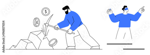 Cryptocurrency, blockchain, mining, virtual reality, fintech, digital innovation. Person mining coins with pickaxe and VR user. Cryptocurrency and blockchain concepts illustrated