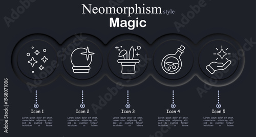 Magic set icon. Sparkle stars effect, crystal ball prediction, magician hat trick, alchemy potion bottle, glowing hand energy, mysticism fortune telling, fantasy illusion.