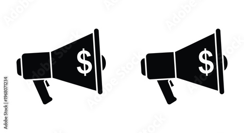 Black megaphone icons with dollar sign, financial loudspeakers, money mouthpieces, promotional symbols