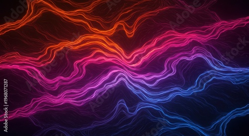 Wavy glowing rivers of orange pink purple and blue light ripple across a dark background