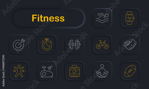 Fitness sport set icon. Dark style icons display swimming activity, smart watch, target goal, stopwatch, dumbbell barbell, bicycle, yoga mat, body stretch, exercise bike, energy battery