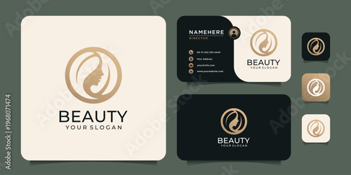 Beauty woman hairstyle  logo design with business card for nature people salon elements