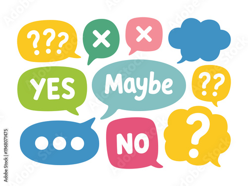 Yes No Maybe word text on talk shape, vector illustration of speech bubble on white background, design element for badge, sticker, mark, symbol, and icon, modern flat vector for and print projects.