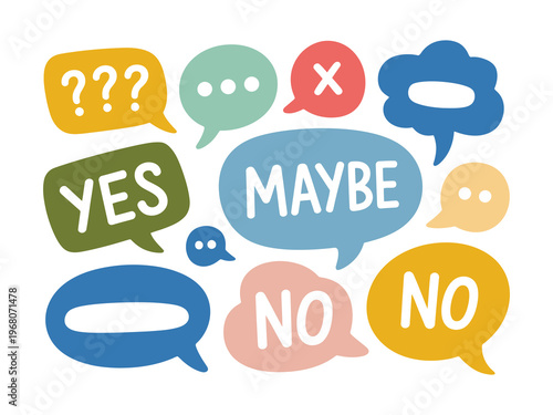 Yes No Maybe word text in talk shape, vector speech bubble illustration on white background, versatile design element for badges, stickers, marks, symbols, and icons, modern flat vector for creative 
