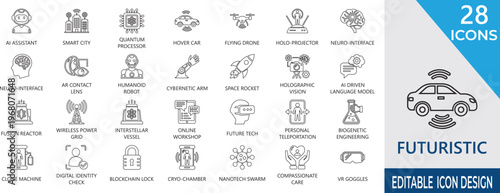 Premium stroke icons for futuristic technology,  connectivity, intelligence, neural , networks, and advanced digital interfaces.