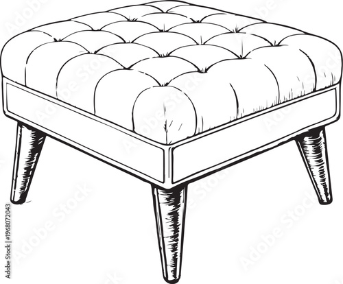 Soft Footstool Furniture Hand-drawn Sketch Drawing Vector Illustration, Line Linear Symbol Black and White Engraving, Isolated