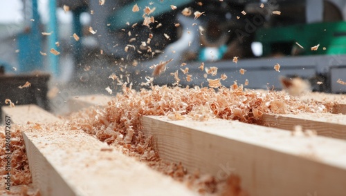 Woodworking Machinery in Action with Sawdust.