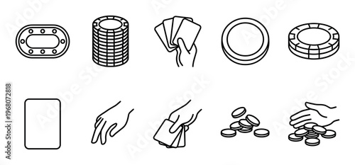 A collection of flat design icons representing casino gambling elements like playing cards, poker chips, and a poker table layout.
